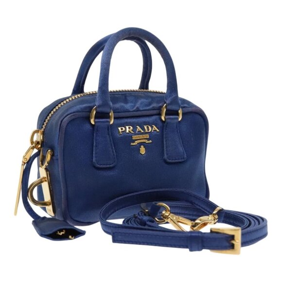 PRADA Shoulder Pouch Satin Blue Gold Auth ar12592 - Picture 1 of 15